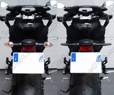 Vergelijking voor en na het overstappen op sequentiële LED knipperlichten van Ducati Diavel